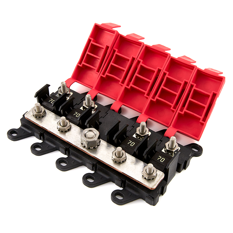 12V 4-Way Terminal Junction Busbar - 250 Amp, 3/8" Studs, With Black Cover (7 Point)